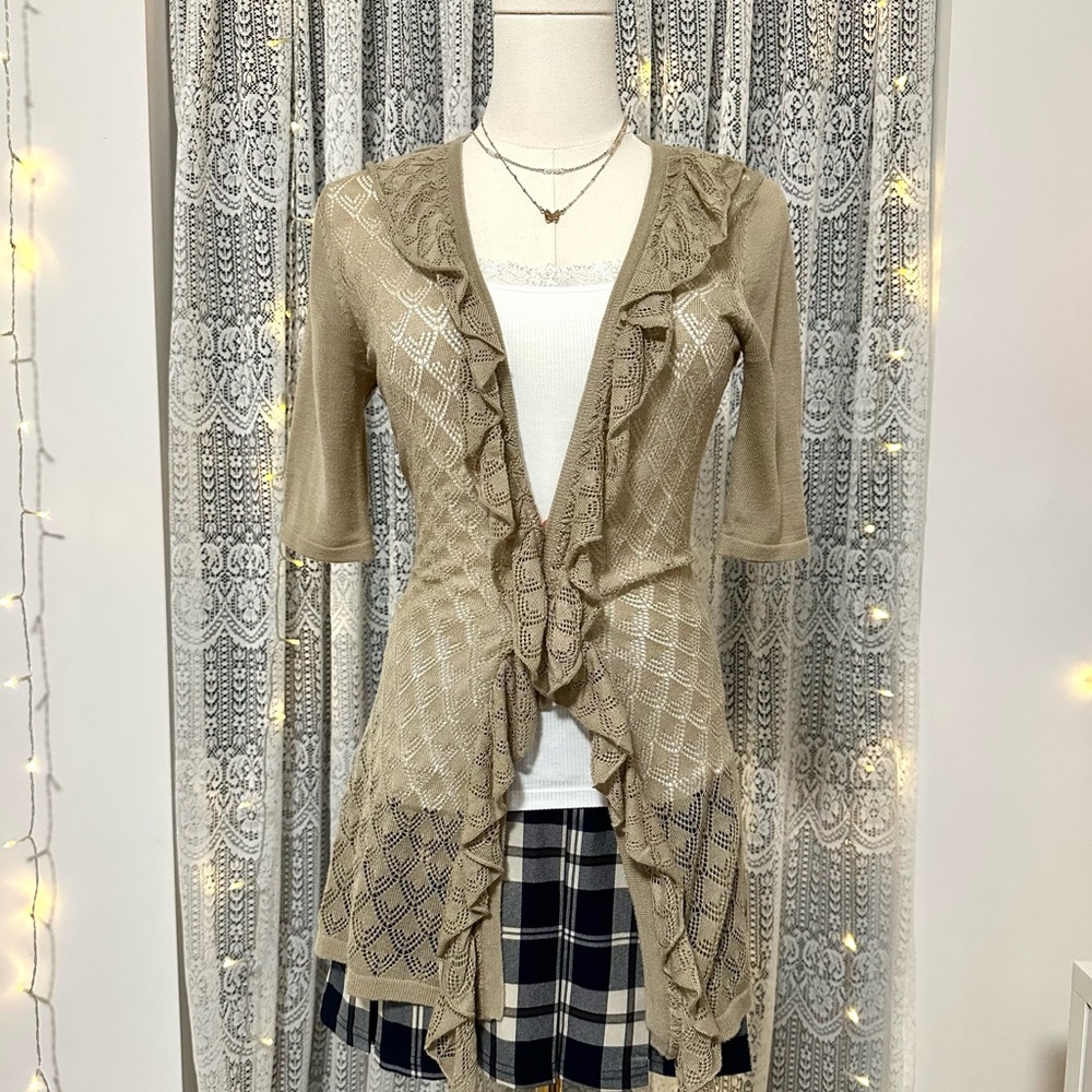 Vintage Y2K Covington Ruffle Knit Cardigan Beige Lace Detail Open Front Sweater